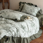 Duvet Cover Set Jacquard Floral Cotton-Linen Ruffle Edges