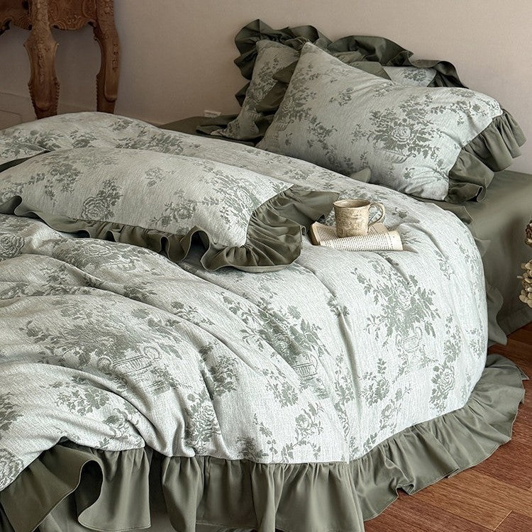 Duvet Cover Set Jacquard Floral Cotton-Linen Ruffle Edges