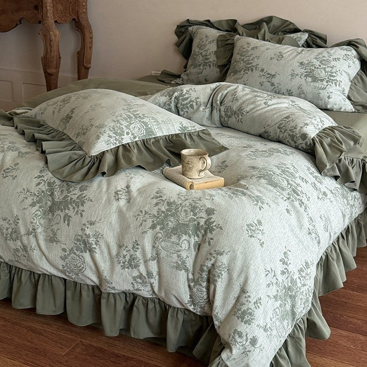 Duvet Cover Set Jacquard Floral Cotton-Linen Ruffle Edges
