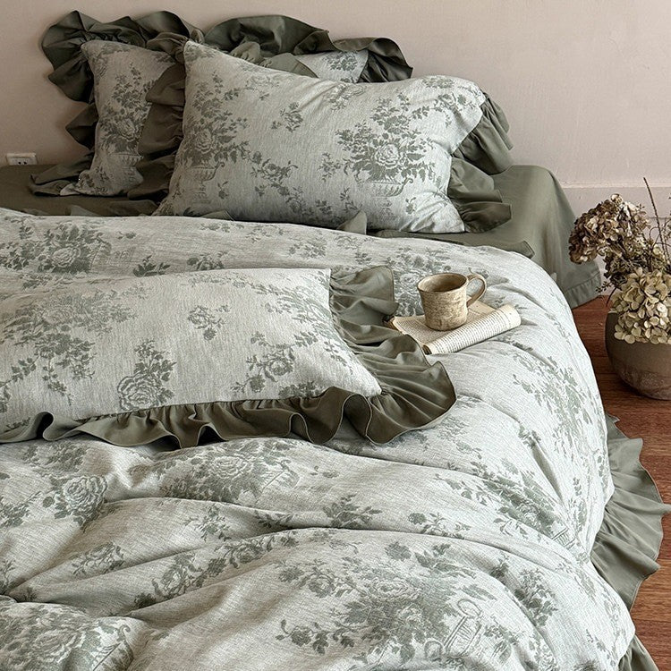 Duvet Cover Set Jacquard Floral Cotton-Linen Ruffle Edges
