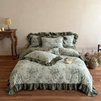 Duvet Cover Set Jacquard Floral Cotton-Linen Ruffle Edges