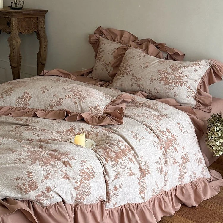 Duvet Cover Set Jacquard Floral Cotton-Linen Ruffle Edges