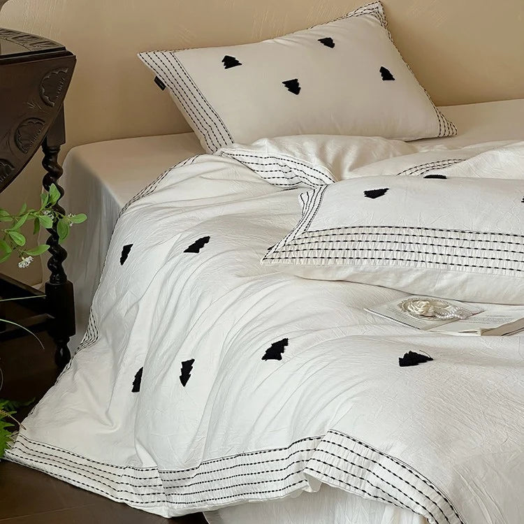 Duvet Cover Set Linen-Cotton Blend Embroidered & Striped Border