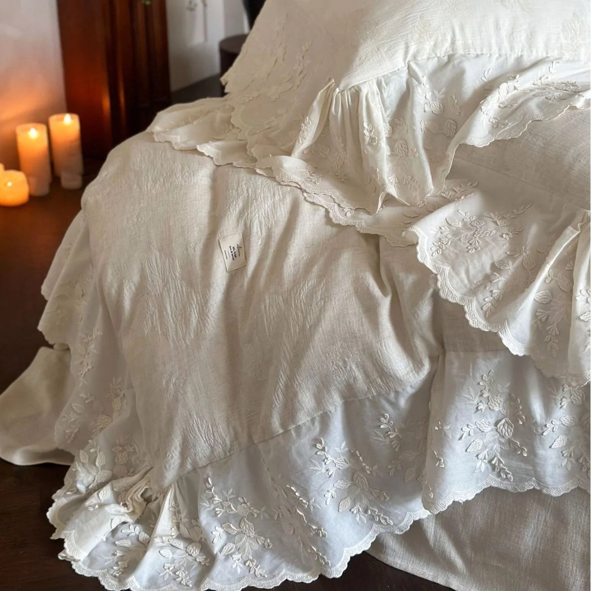 Duvet Cover Set Linen-Cotton Breathable Embroidered Lace & Ruffle