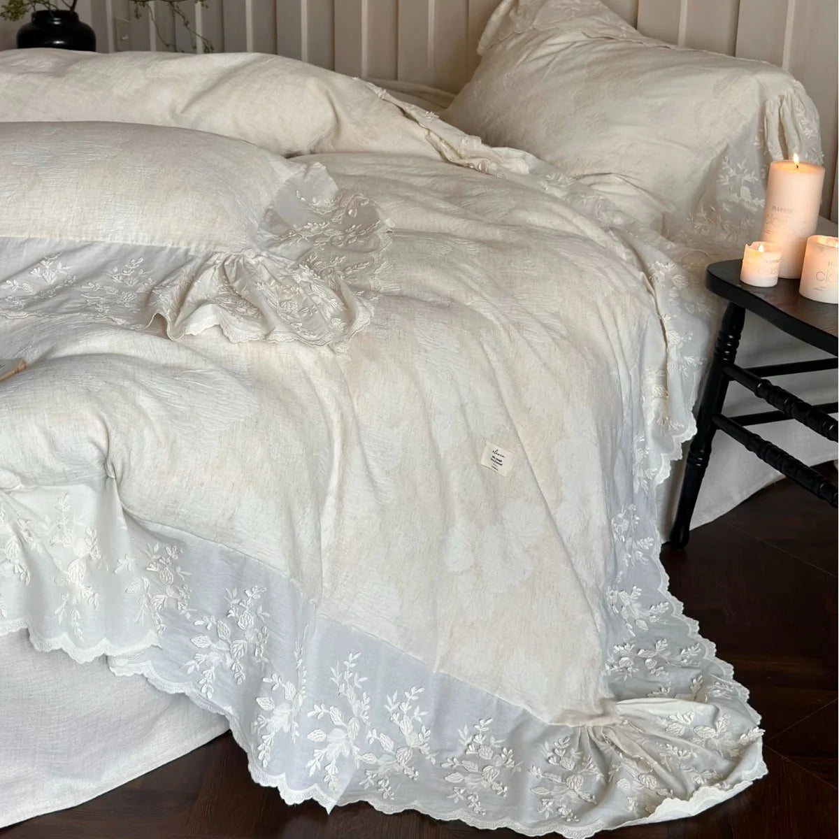 Duvet Cover Set Linen-Cotton Breathable Embroidered Lace & Ruffle