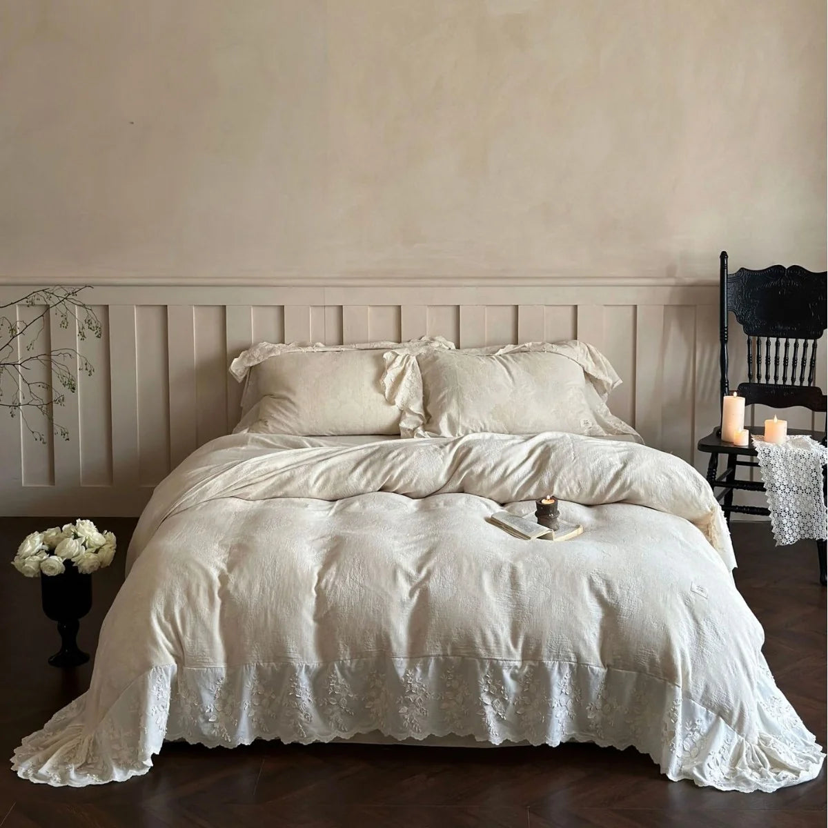 Duvet Cover Set Linen-Cotton Breathable Embroidered Lace & Ruffle