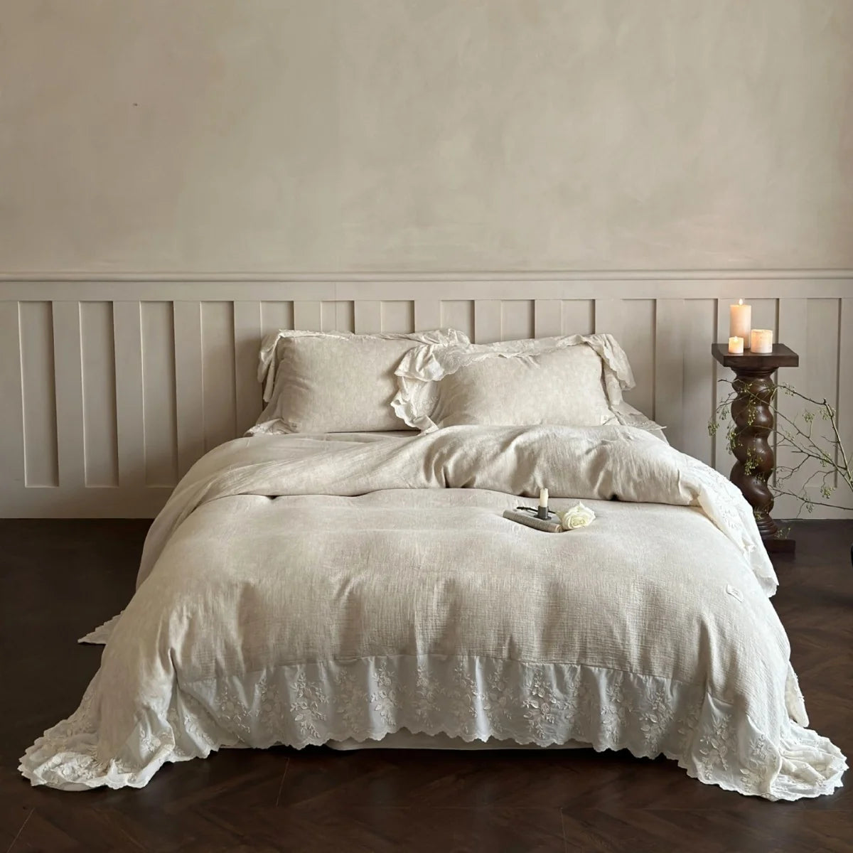 Duvet Cover Set Linen-Cotton Breathable Embroidered Lace & Ruffle
