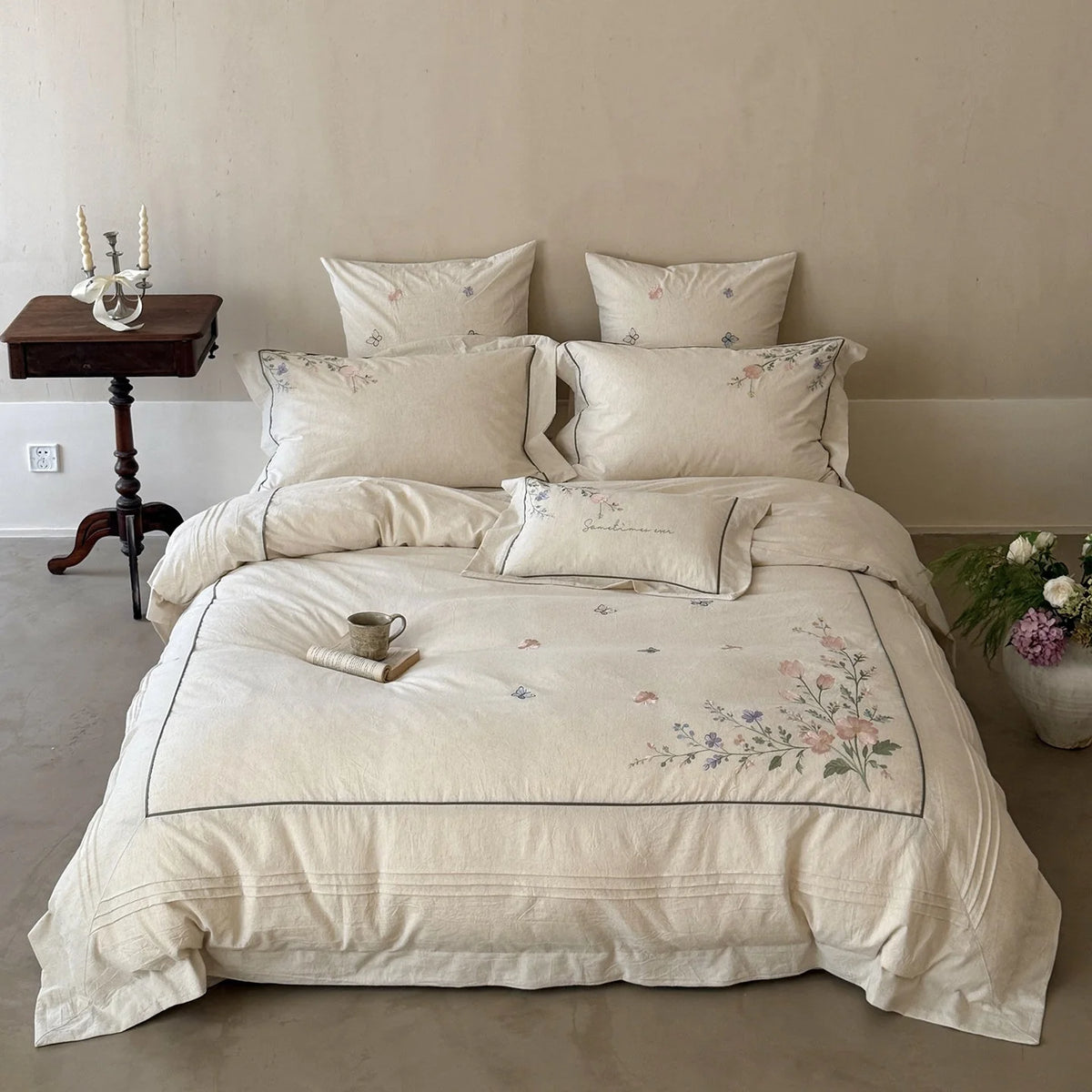 Duvet Cover Set Linen-Look Cotton Blend Hand-Embroidered