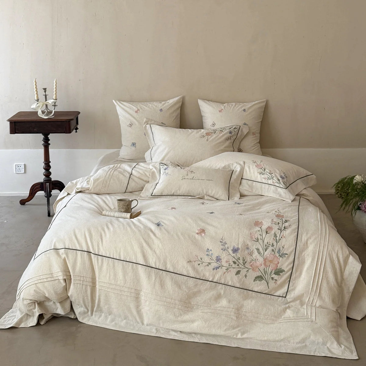Duvet Cover Set Linen-Look Cotton Blend Hand-Embroidered