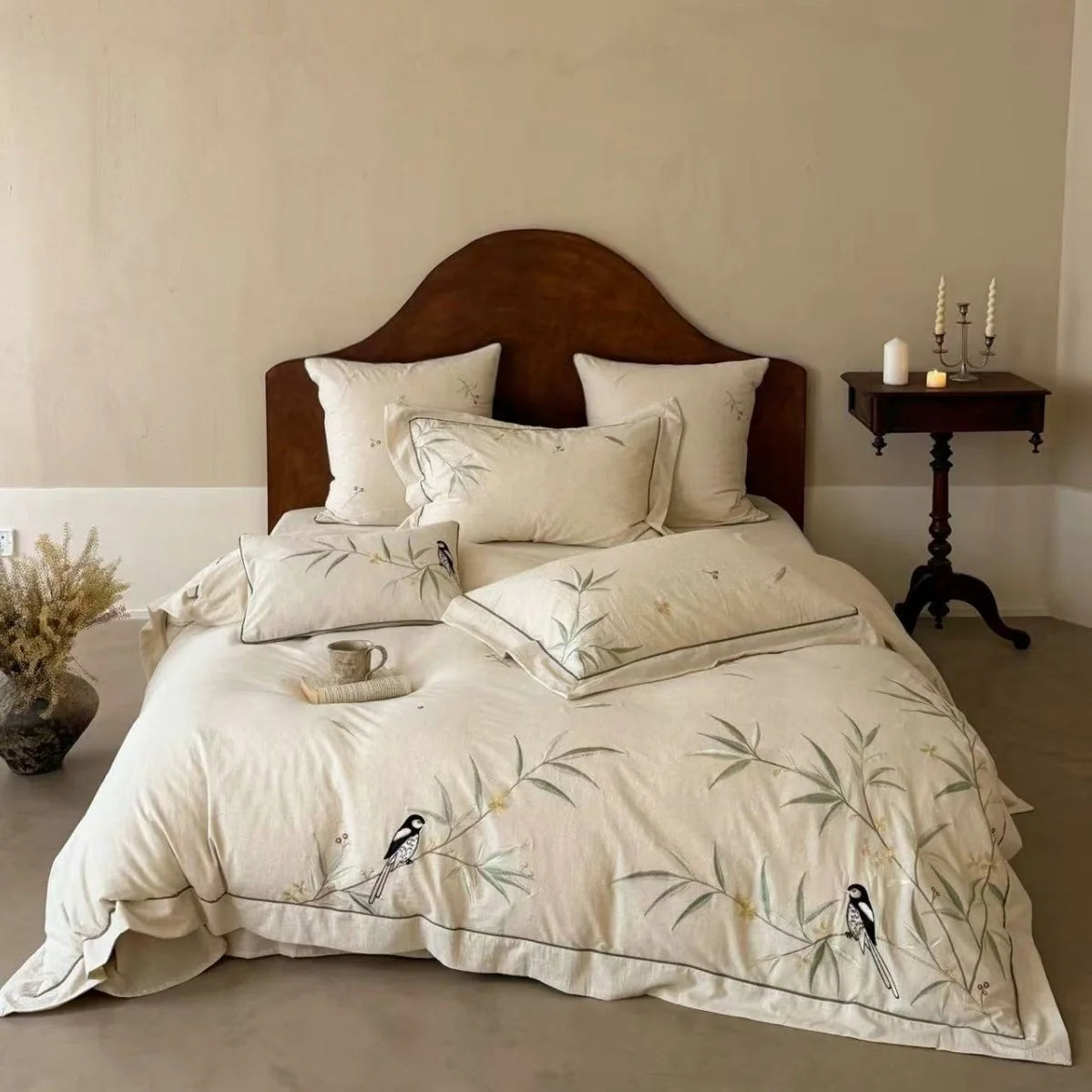 Duvet Cover Set Linen-Look Cotton Blend Hand-Embroidered