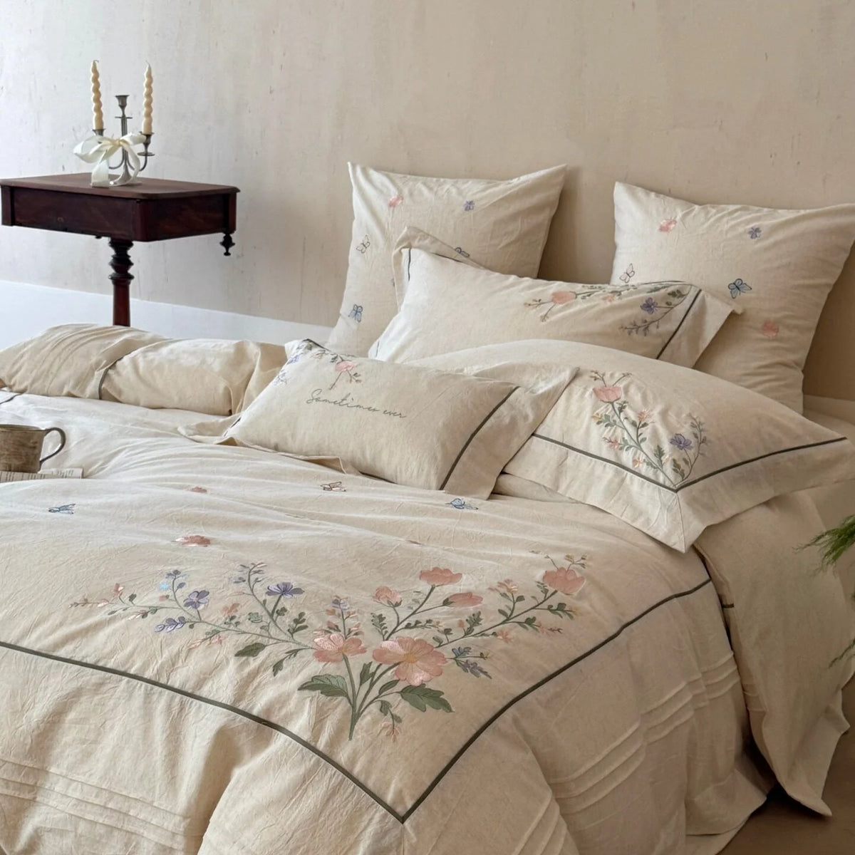 Duvet Cover Set Linen-Look Cotton Blend Hand-Embroidered
