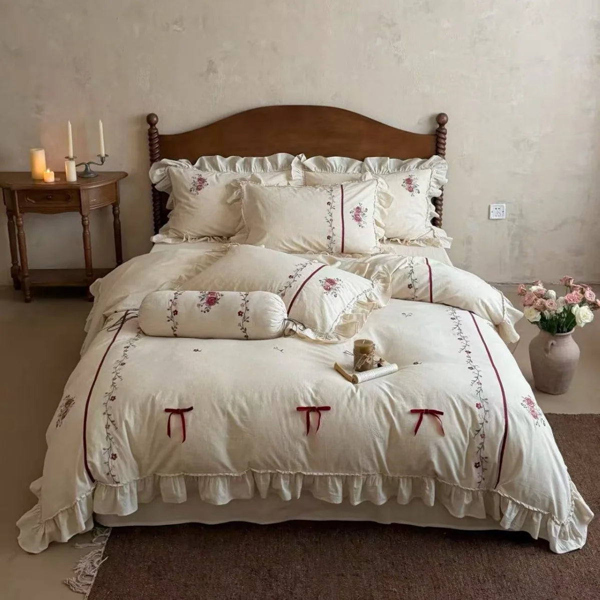 Duvet Cover Set Linen-Look Cotton Blend Hand-Embroidered