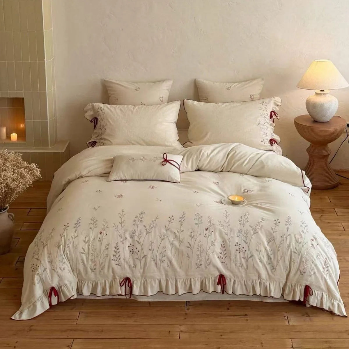 Duvet Cover Set Linen-Look Cotton Blend Hand-Embroidered