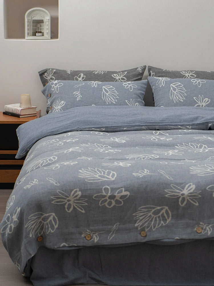 Duvet Cover Set Linen-Look Cotton Blend Wooden Button Closure