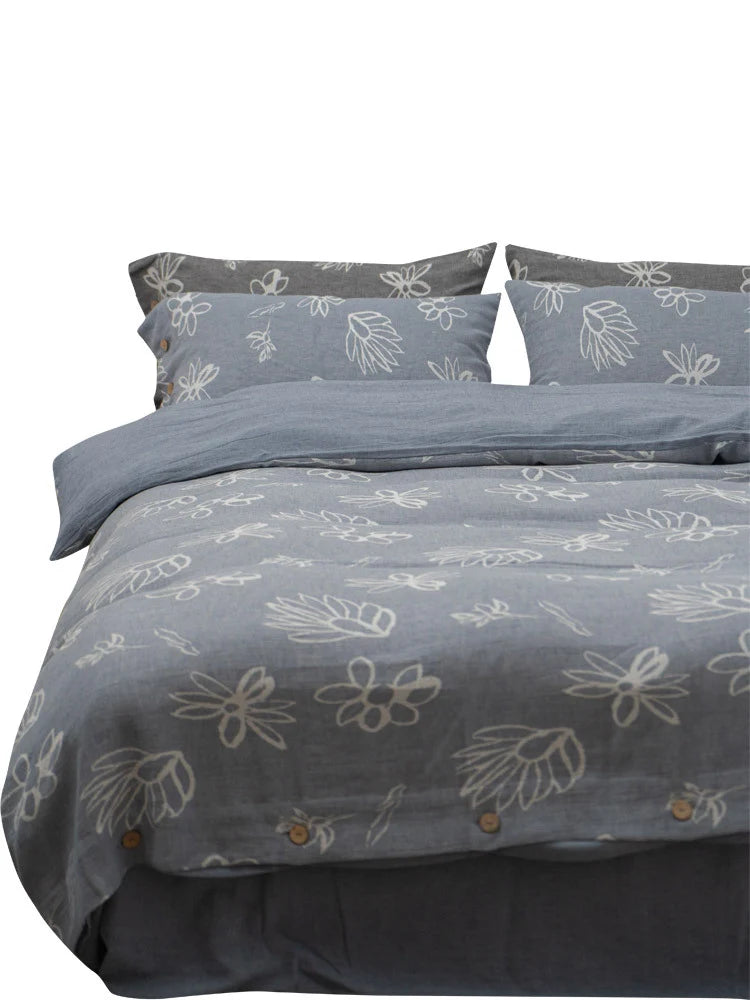 Duvet Cover Set Linen-Look Cotton Blend Wooden Button Closure