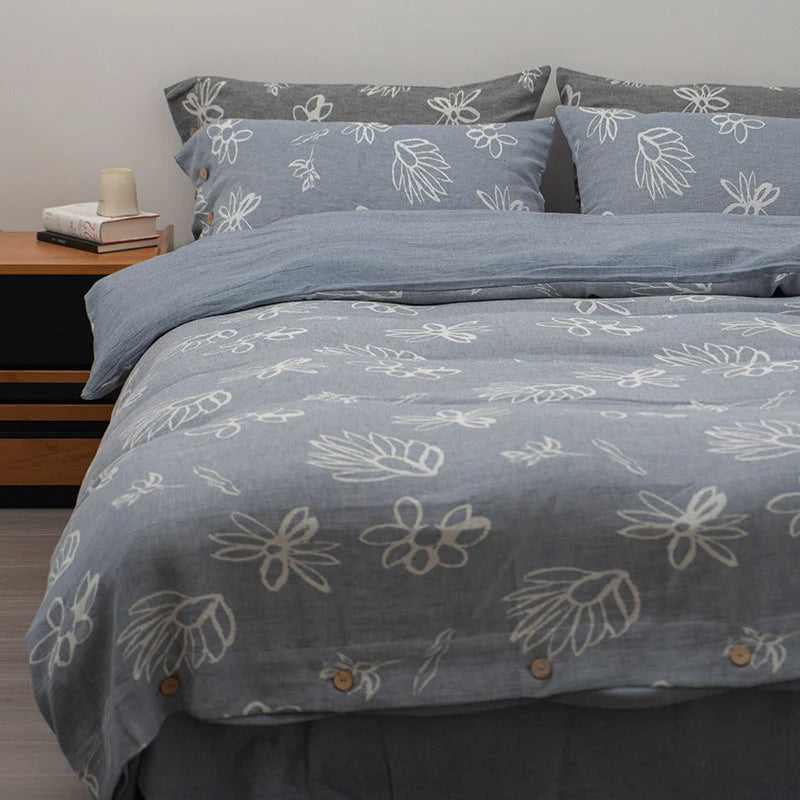 Duvet Cover Set Linen-Look Cotton Blend Wooden Button Closure