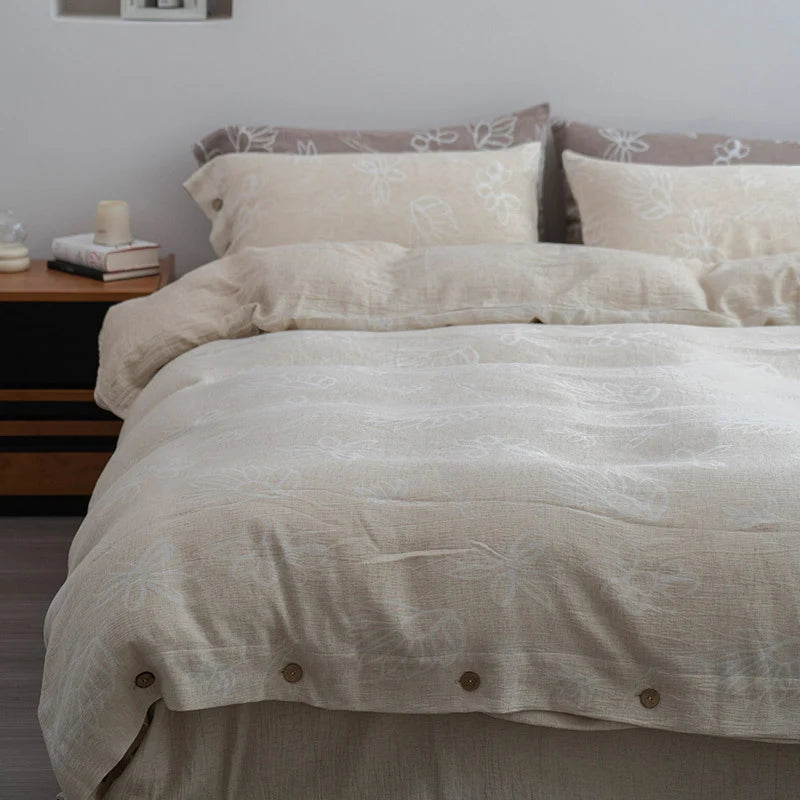 Duvet Cover Set Linen-Look Cotton Blend Wooden Button Closure