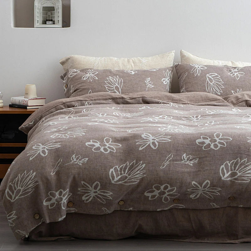 Duvet Cover Set Linen-Look Cotton Blend Wooden Button Closure