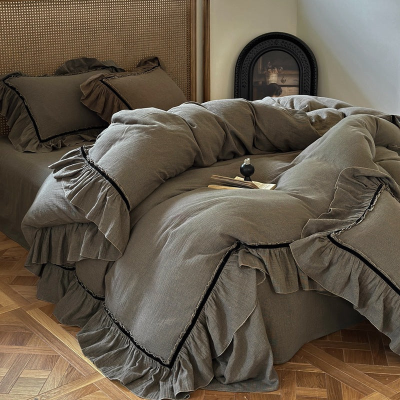 Duvet Cover Set Linen-Look Cotton Ruffled Hem
