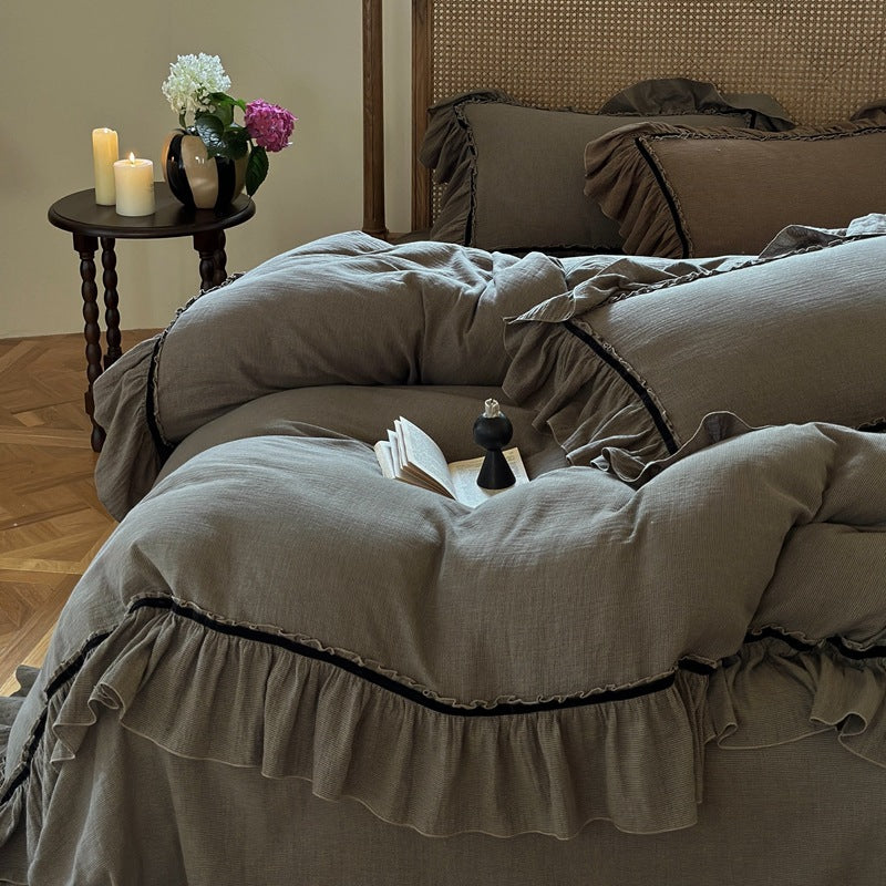 Duvet Cover Set Linen-Look Cotton Ruffled Hem
