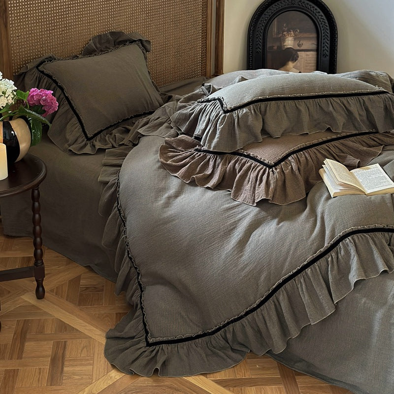 Duvet Cover Set Linen-Look Cotton Ruffled Hem