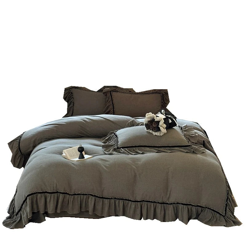 Duvet Cover Set Linen-Look Cotton Ruffled Hem