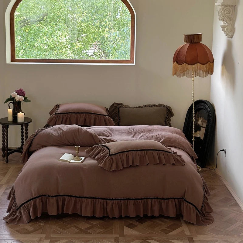 Duvet Cover Set Linen-Look Cotton Ruffled Hem