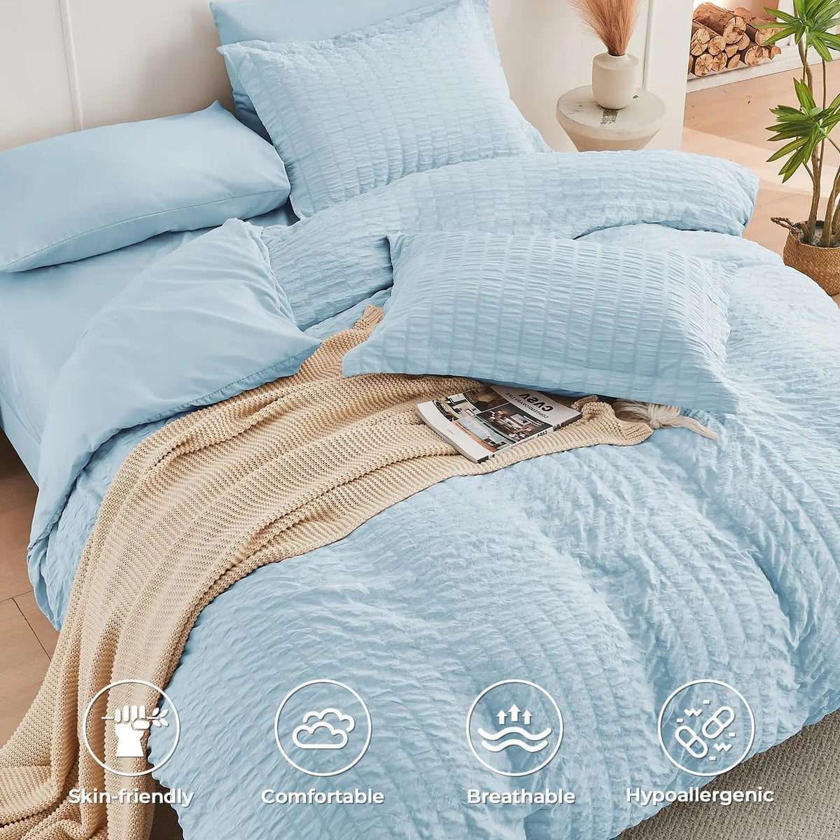 Duvet Cover Set Microfiber Seersucker Zipper Eight Corner Ties