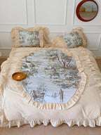 Duvet Cover Set Muslin-Look Cotton Blend Ruffled Edges 4-Piece