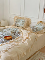 Duvet Cover Set Muslin-Look Cotton Blend Ruffled Edges 4-Piece