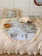 Duvet Cover Set Muslin-Look Cotton Blend Ruffled Edges 4-Piece