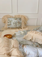 Duvet Cover Set Muslin-Look Cotton Blend Ruffled Edges 4-Piece