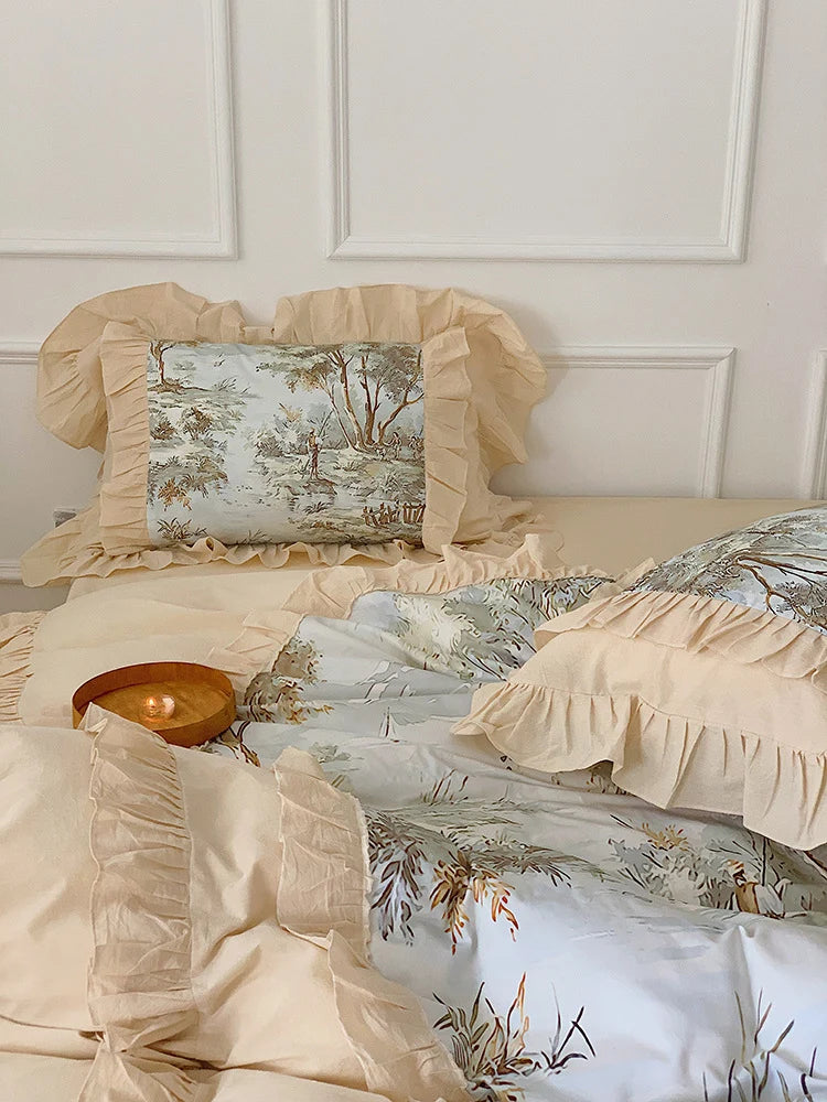 Duvet Cover Set Muslin-Look Cotton Blend Ruffled Edges 4-Piece