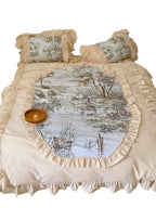 Duvet Cover Set Muslin-Look Cotton Blend Ruffled Edges 4-Piece