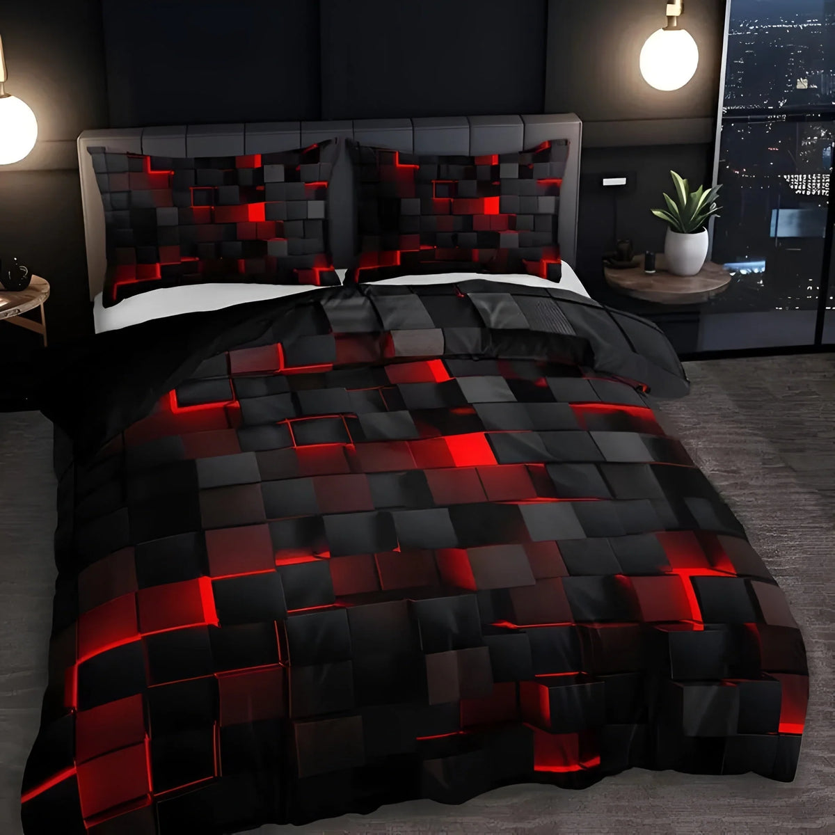 Duvet Cover Set Neon 3D Grid Microfiber Cotton Blend