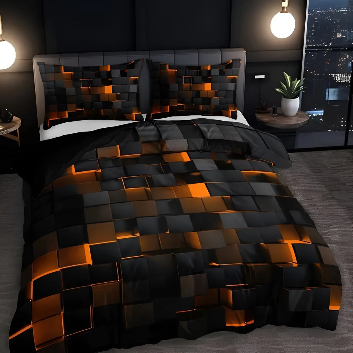Duvet Cover Set Neon 3D Grid Microfiber Cotton Blend
