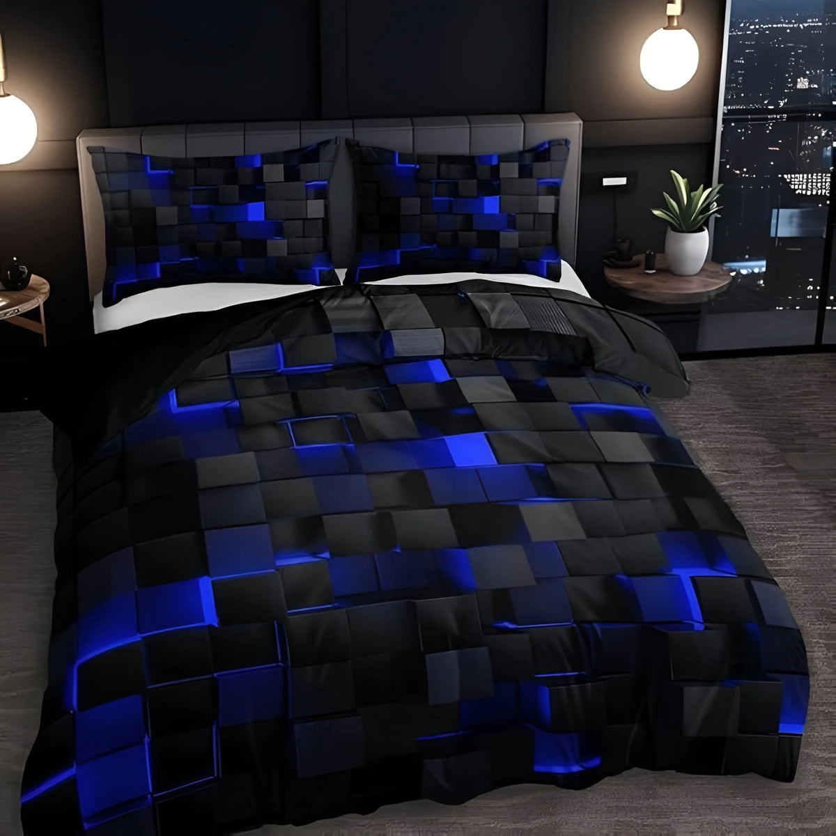 Duvet Cover Set Neon 3D Grid Microfiber Cotton Blend