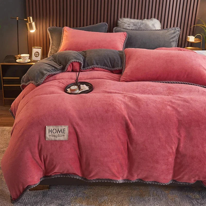 Duvet Cover Set Plush Velvet Fleece Flannel-Backed