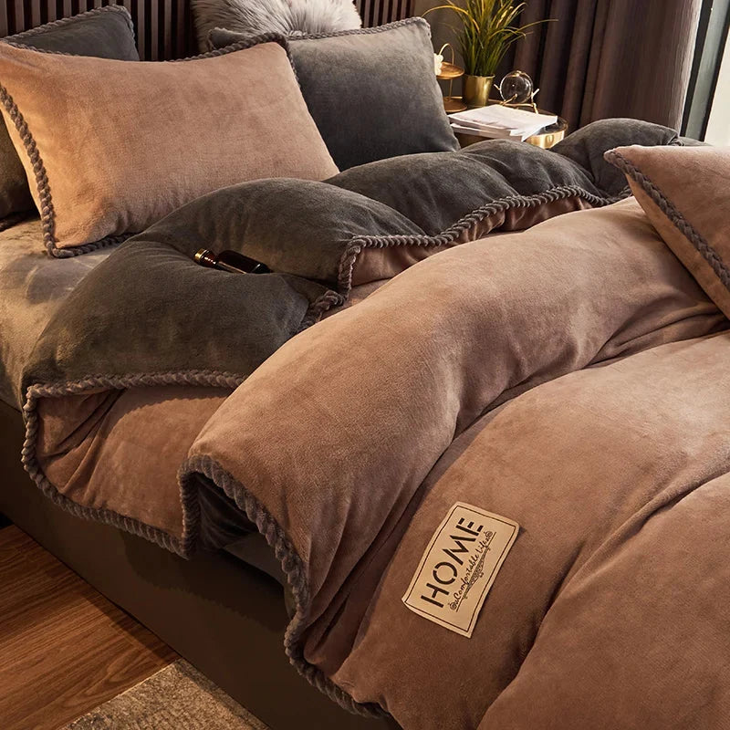 Duvet Cover Set Plush Velvet Fleece Flannel-Backed