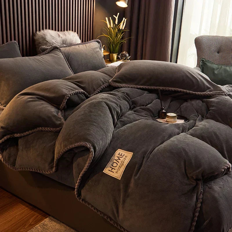 Duvet Cover Set Plush Velvet Fleece Flannel-Backed