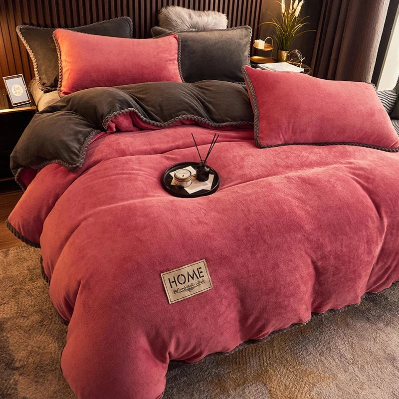 Duvet Cover Set Plush Velvet Fleece Flannel-Backed