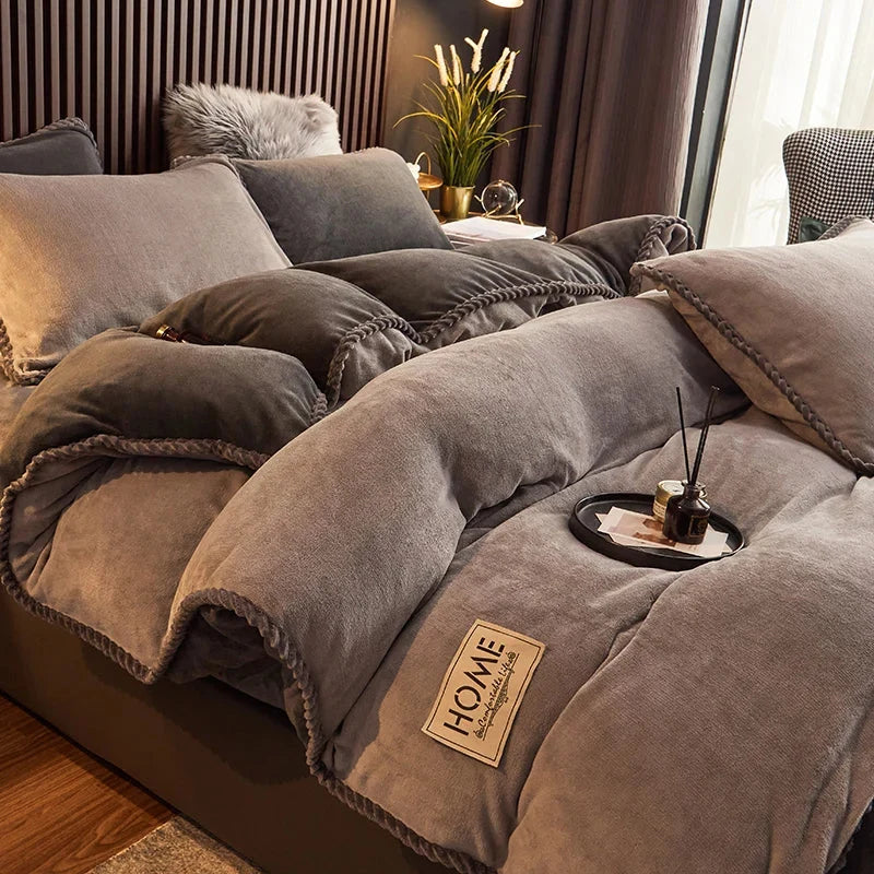 Duvet Cover Set Plush Velvet Fleece Flannel-Backed