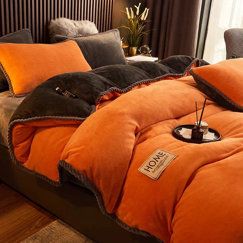 Duvet Cover Set Plush Velvet Fleece Flannel-Backed