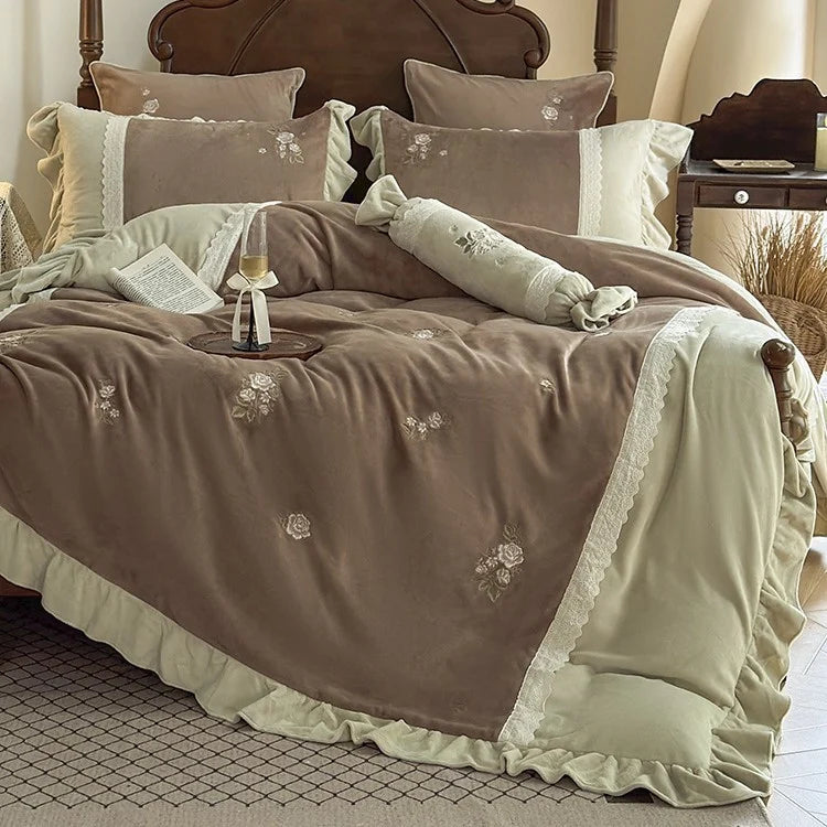 Duvet Cover Set Plush Velvet Reversible Rose Embroidery