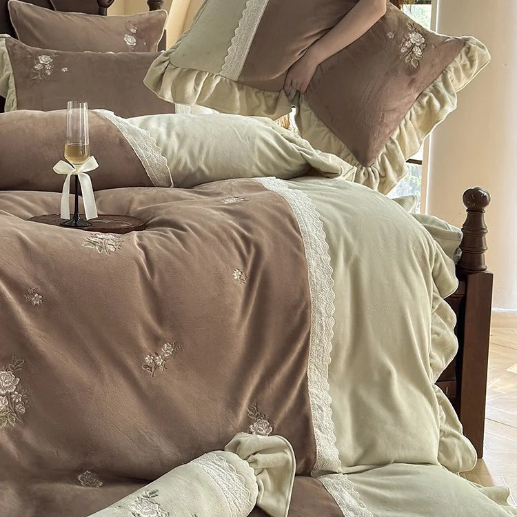 Duvet Cover Set Plush Velvet Reversible Rose Embroidery