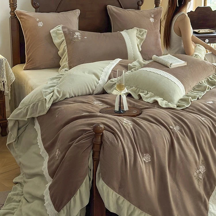 Duvet Cover Set Plush Velvet Reversible Rose Embroidery
