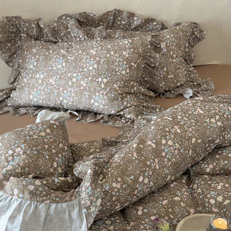 Duvet Cover Set Quilted Ruffle Trim Floral Print