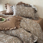 Duvet Cover Set Quilted Ruffle Trim Floral Print