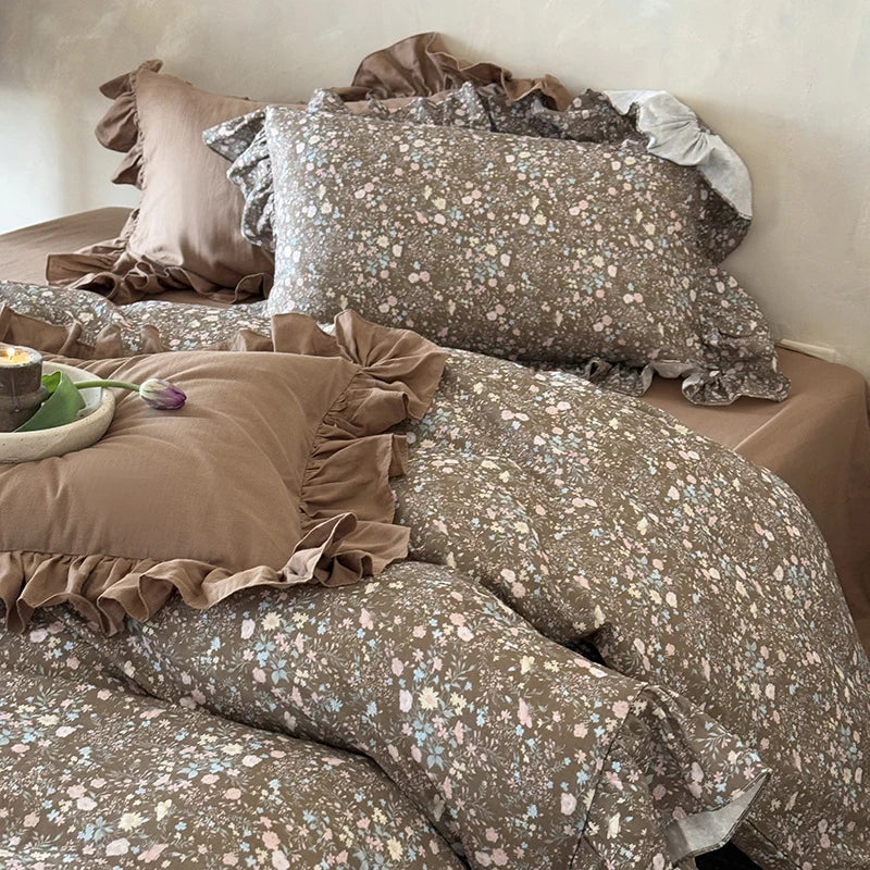 Duvet Cover Set Quilted Ruffle Trim Floral Print