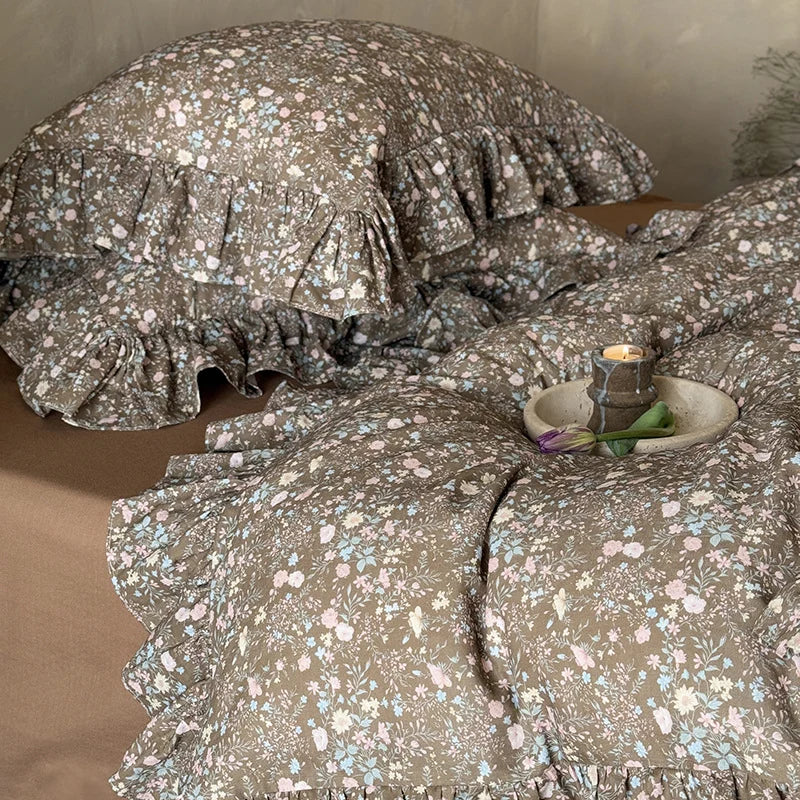 Duvet Cover Set Quilted Ruffle Trim Floral Print